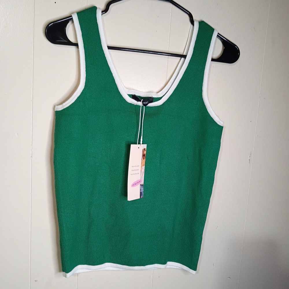 Dokotoo Green Tank Top with White Trim Ribbed Knit